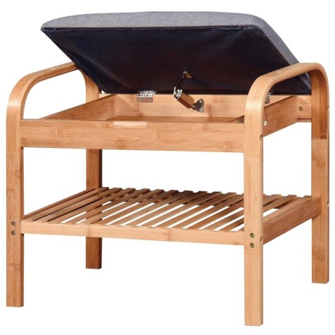 Półka na buty SadieWykonana z litego drewna bambusowego o naturalnej barwie, siedzisko w kolorze popielatym, mebel do samodzieln