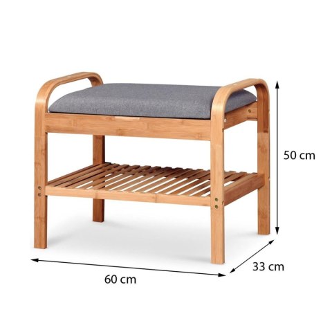 Półka na buty SadieWykonana z litego drewna bambusowego o naturalnej barwie, siedzisko w kolorze popielatym, mebel do samodzieln