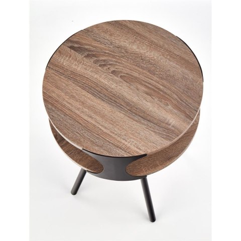 Stolik kawowy Kirby Blat wykonany płyty MDF w kolorze ciemny dąb sonoma, stalowe nogi lakierowane na czarno, mebel do samodzieln