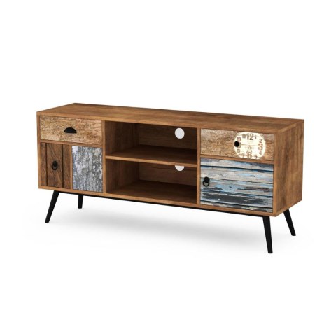 Szafka RTV Mezo wielobarwna Wykonana z płyty MDF, nogi ze stali lakierowanej na kolor czarny, mebel do samodzielnego montażu