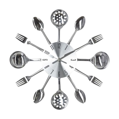 Zegar ścienny Cutlery 38 cm Wykonany z metalu, okrągła tarcza w otoczeniu połyskujących sztućców, idealny do wnętrz urządzonych 