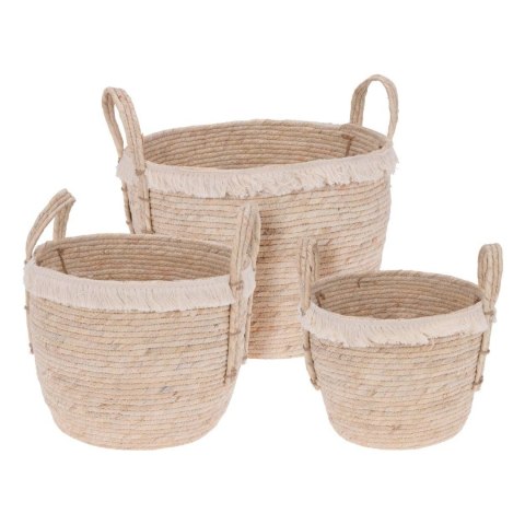 Zestaw 3 koszy plecionych z uchwytami Komplet koszy z dekoracyjnymi frędzlami w stylu Boho, pojemniki do przechowywania różnych 