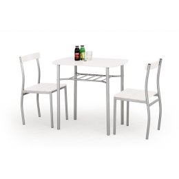 Zestaw Lance stół i 2 krzesła białyBlat i siedziska wykonane z płyty MDF, stalowe stelaże, mebel do samodzielnego montażu