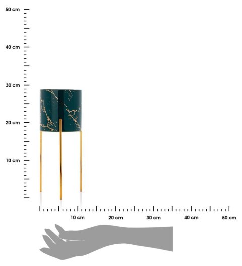 Doniczka Nila Green 27,5 cm Osłonka wykonana z ceramiki w kolorze zielono-złotym. Stojak wykonany z metalu w kolorze złotym. Cał