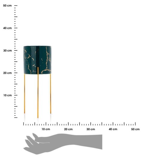 Doniczka Nila Green 32 cm Osłonka wykonana z ceramiki w kolorze zielono-złotym. Stojak wykonany z metalu w kolorze złotym. Całko