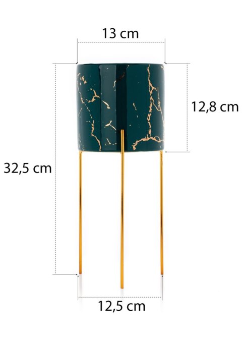 Doniczka Nila Green 32 cm Osłonka wykonana z ceramiki w kolorze zielono-złotym. Stojak wykonany z metalu w kolorze złotym. Całko