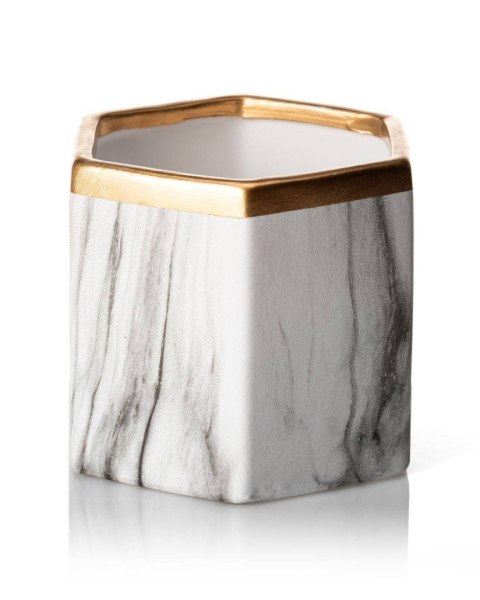 Doniczka Sona Marbling 12 cm Wykonana z ceramiki w kolorze białego marmuru ze złotym wykończeniem o średnicy 14 cm