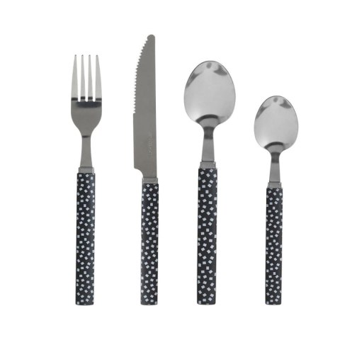 Komplet 24 sztućców ze stojakiem czarne Elegancki zestaw obiadowy dla 6 osób, sztućce wykonane ze stali nierdzewnej z ozdobną rą