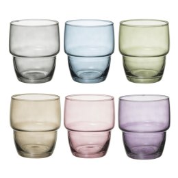 Komplet 6 kolorowych szklanek 280 ml Zestaw szklanek wykonanych z odpornego szkła, sprawdzi się do serwowania zimnych napojów i 