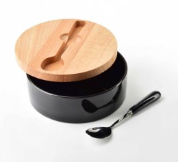 Cukiernica z łyżeczką Basick Black Pojemnik wykonany z porcelany w kolorze czarnym, bambusowa pokrywka, metalowa łyżeczka w zest