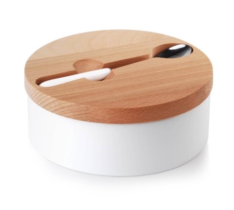Cukiernica z łyżeczką Basick White Pojemnik wykonany z porcelany w kolorze białym, bambusowa pokrywka, metalowa łyżeczka w zesta