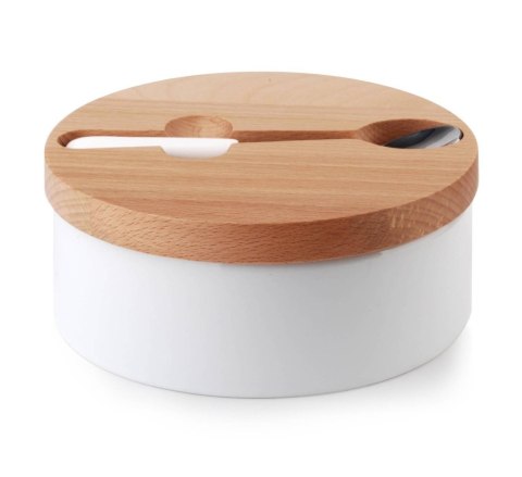 Cukiernica z łyżeczką Basick White Pojemnik wykonany z porcelany w kolorze białym, bambusowa pokrywka, metalowa łyżeczka w zesta