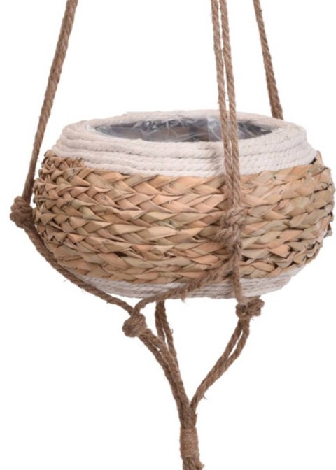 Kwietnik wiszący na sznurze boho Osłonka na rośliny wykonana z trawy morskiej oraz jutowego sznurka o długości 120 cm i średnicy