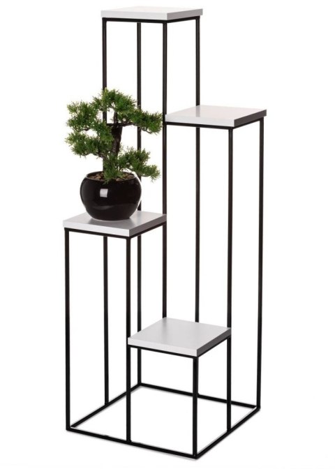 Nowoczesny kwietnik czarno biały 110 cm Wykonany z metalu, prosty i stylowy stojak na kwiatki w kolorze czarnym z blatami z płyt