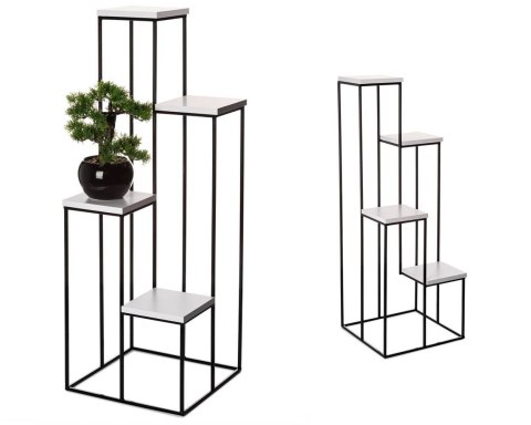 Nowoczesny kwietnik czarno biały 110 cm Wykonany z metalu, prosty i stylowy stojak na kwiatki w kolorze czarnym z blatami z płyt
