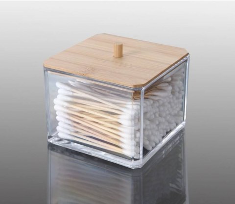 Pojemnik kosmetyczny z bambusową pokrywą Przeźroczyste eleganckie pudełko z pokrywą bambusową na waciki i przybory kosmetyczne o