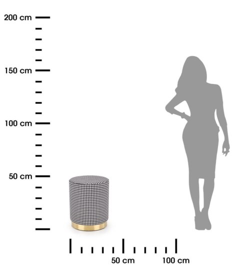 Pufa Aruna pepitka czarno biała Okrągły kształt, podstawa wykonana ze stali chromowanej w kolorze złotym, materiałowe obicie w c