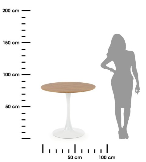Stół okrągły Sting dąb złoty 80 cm Stalowa podstawa lakierowana na biało, blat wykonany z MDF-u z okleiną w kolorze dąb złoty, s