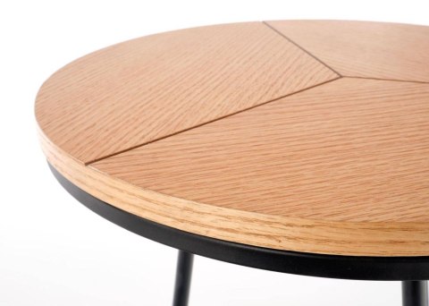 Stolik kawowy Karida dąb naturalny 45 cmStalowa podstawa lakierowana na czarno, blat wykonany z MDF-u z okleiną w kolorze natura