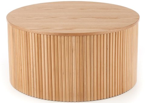 Stolik kawowy Woody Natural 80 cm Podstawa z litego drewna, blat wykonany z MDF-u z okleiną w kolorze naturalnym, ustawiony przy