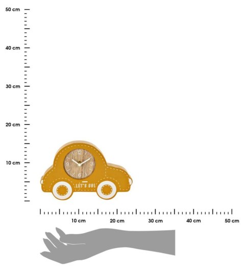 Zegar stojący samochód żółty Wykonany z MDF zegar analogowy do pokoju dziecięcego, z motywem samochodzika na kółkach, do postawi