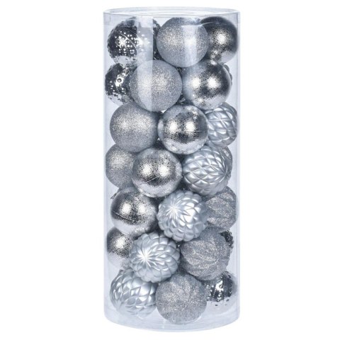 Bombki choinkowe Diamond srebrne 35 szt Zestaw dekoracyjnych bombek w eleganckim kolorze srebra, pięć różnych wzorów w błyszcząc