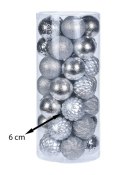 Bombki choinkowe Diamond srebrne 35 szt Zestaw dekoracyjnych bombek w eleganckim kolorze srebra, pięć różnych wzorów w błyszcząc