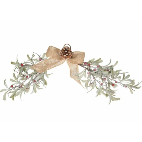 Gałązka świąteczna czerwone jagody Ośnieżona jemioła w formie dekoracyjnej zawieszki, ozdobiona kokardką i szyszką, jutowy sznur