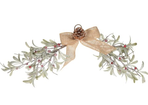 Gałązka świąteczna czerwone jagody Ośnieżona jemioła w formie dekoracyjnej zawieszki, ozdobiona kokardką i szyszką, jutowy sznur