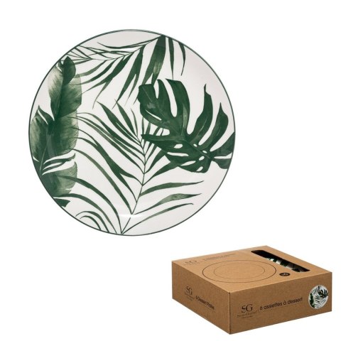 Komplet 6 talerzy deserowych Leafs 19 cm Okrągłe talerze deserowe wykonane z porcelany, ozdobione motywem zielonych liści, naczy