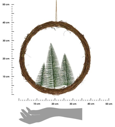 Wianek rattanowy z choinkami Led 40 cm Dekoracyjny stroik bożonarodzeniowy do zawieszenia, obręcz wykonana z rattanu, ozdobiona 