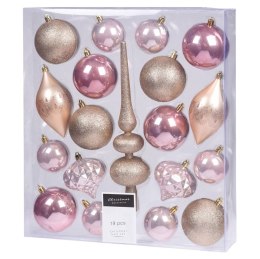 Zestaw ozdób świątecznych 19 el. Zestaw dekoracyjnych bombek ze szpicem na choinkę w eleganckim kolorze złota i delikatnego, pas