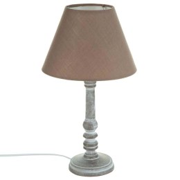 Drewniana lampka nocna Leo taupe 36 cm Frezowana podstawa i tekstylny abażur, beżowo szara kolorystyka, idealny dodatek do salon