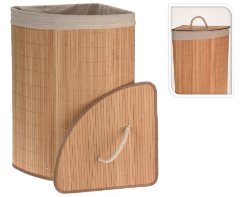 Kosz na pranie narożny bambusowy brąz Pojemnik łazienkowy z pokrywą i uchwytami, składany, narożny, wykonany z bambusa na bieliz