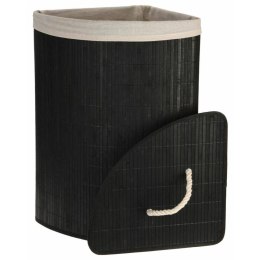 Kosz na pranie narożny bambusowy czarny Pojemnik łazienkowy z pokrywą i uchwytami, składany, narożny, wykonany z bambusa na biel