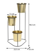 Kwietnik stojący z 3 donicami 46,5 cm Metalowy, czarny stojak na kwiaty z trzema złotymi donicami o wymiarach: 46,5x23,5 cm