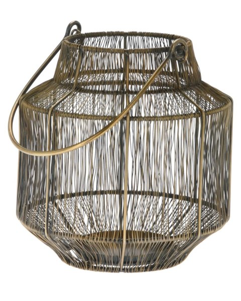 Lampion druciany złoty z rączką 23 cm Metalowa latarnia wyposażona w rączkę do przenoszenia lub zawieszenia, do wnętrz, na taras