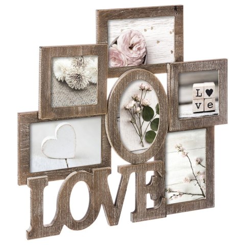 Ramka ścienna na 6 zdjęć Love brązowa W kolorze przecieranego drewna, przyozdobiona dekoracyjnymi wkładkami, na fotografie w for