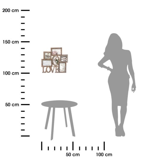 Ramka ścienna na 6 zdjęć Love brązowa W kolorze przecieranego drewna, przyozdobiona dekoracyjnymi wkładkami, na fotografie w for