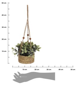 Roślina sztuczna wisząca w donicy wzór 1 Roślina w plecionej doniczce z trawy morskiej, na grubym, surowym sznurze zdobionym kor