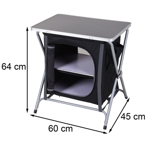 Szafka turystyczna ze stolikiem 64 cm Składany stolik turystyczny z dwiema półkami, pełniący funkcję stolika oraz szafki, wykona