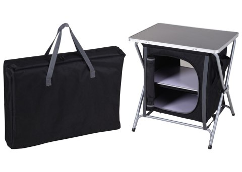 Szafka turystyczna ze stolikiem 64 cm Składany stolik turystyczny z dwiema półkami, pełniący funkcję stolika oraz szafki, wykona