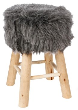 Taboret z futrzanym obiciem Oslo Grey Podstawa wykonana z drewna sosnowego, miękkie siedzisko z tkaniny przypominającej futro