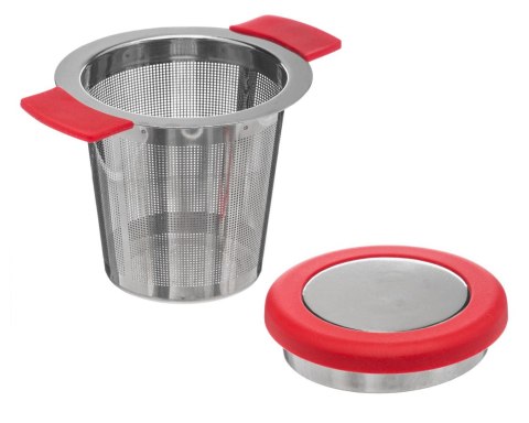 Zaparzacz do herbaty czerwony z pokrywą Zaparzacz do herbaty i ziół z czerwoną pokrywką, wykonany ze stali nierdzewnej, pozwala 