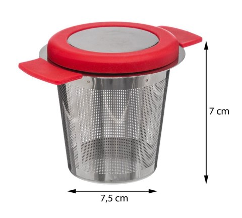 Zaparzacz do herbaty czerwony z pokrywą Zaparzacz do herbaty i ziół z czerwoną pokrywką, wykonany ze stali nierdzewnej, pozwala 