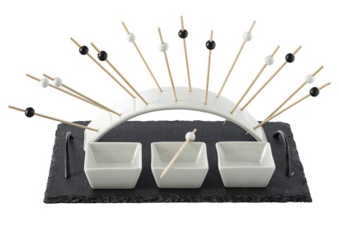 Zestaw do serwowania przekąsek AperitiveZestaw do serwowania przekąsek na płycie łupkowej, z trzema miseczkami i wbijanymi patyc