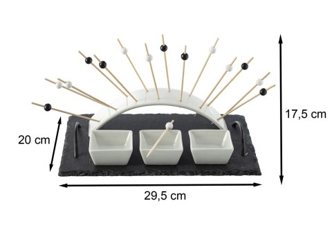 Zestaw do serwowania przekąsek AperitiveZestaw do serwowania przekąsek na płycie łupkowej, z trzema miseczkami i wbijanymi patyc