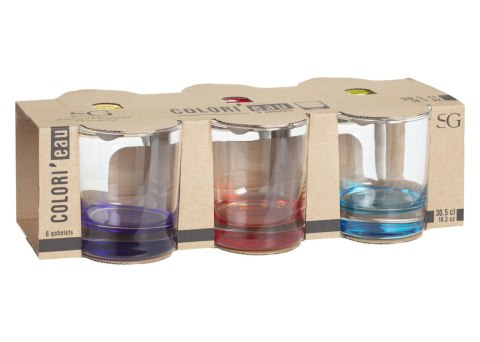 Komplet 6 kolorowych szklanek 300 mlZestaw szklanek wykonanych z odpornego szkła, sprawdzi się do serwowania zimnych napojów i d