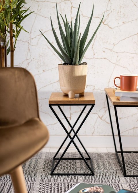 Kwietnik stojący 40 cm z blatem Dąb LOFT Wykonany z metalu oraz płyty MDF solidny w kolorze Dąb Lancelot i czarny stojak, stylow
