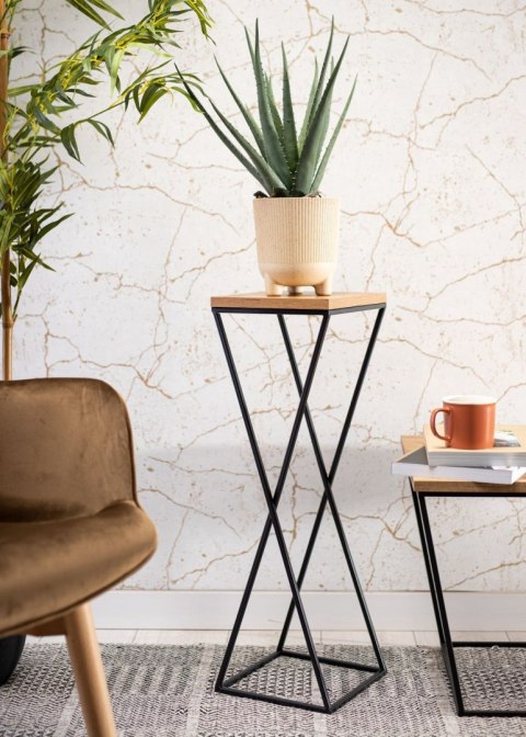 Kwietnik stojący 70 cm z blatem Dąb LOFT Wykonany z metalu oraz płyty MDF w kolorze Lancelot i czarnym stojakiem, solidny i styl